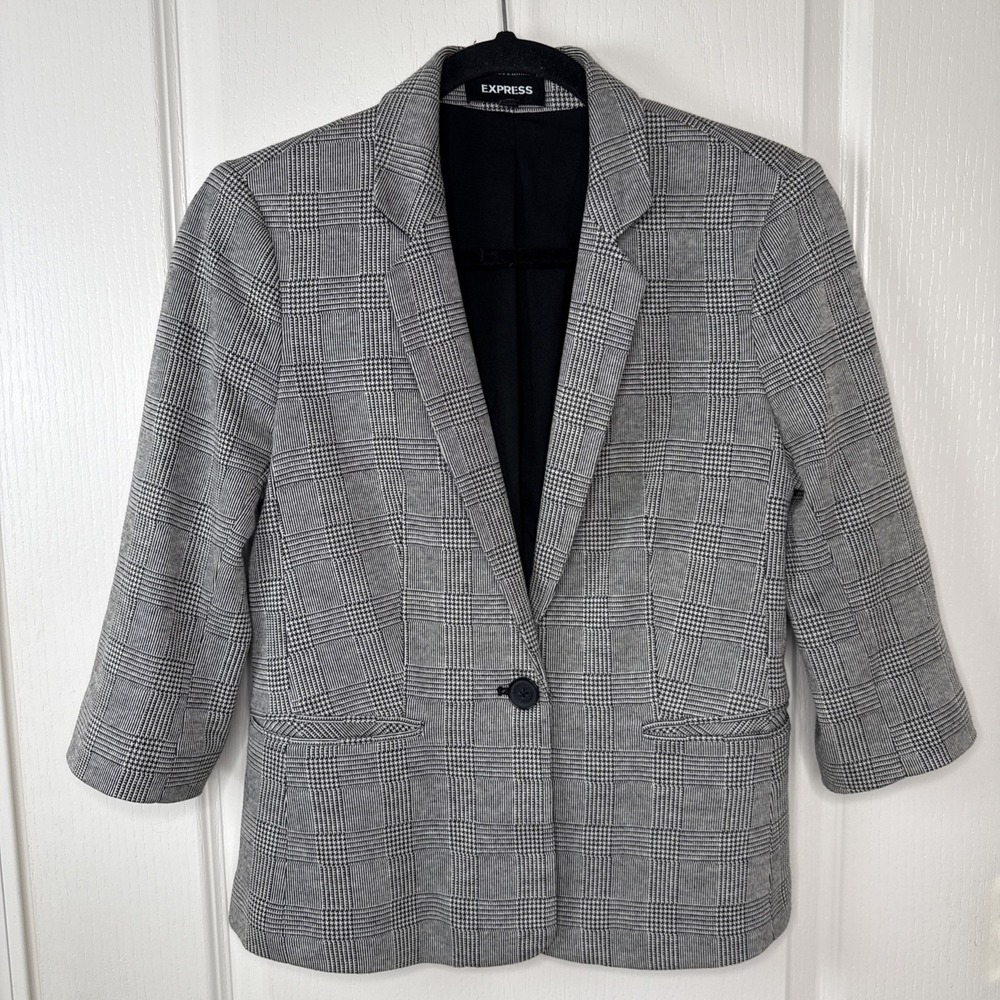 Express Womens Glen Plaid Blazer S Oversized Boyfriend One Button Lined Jacket
